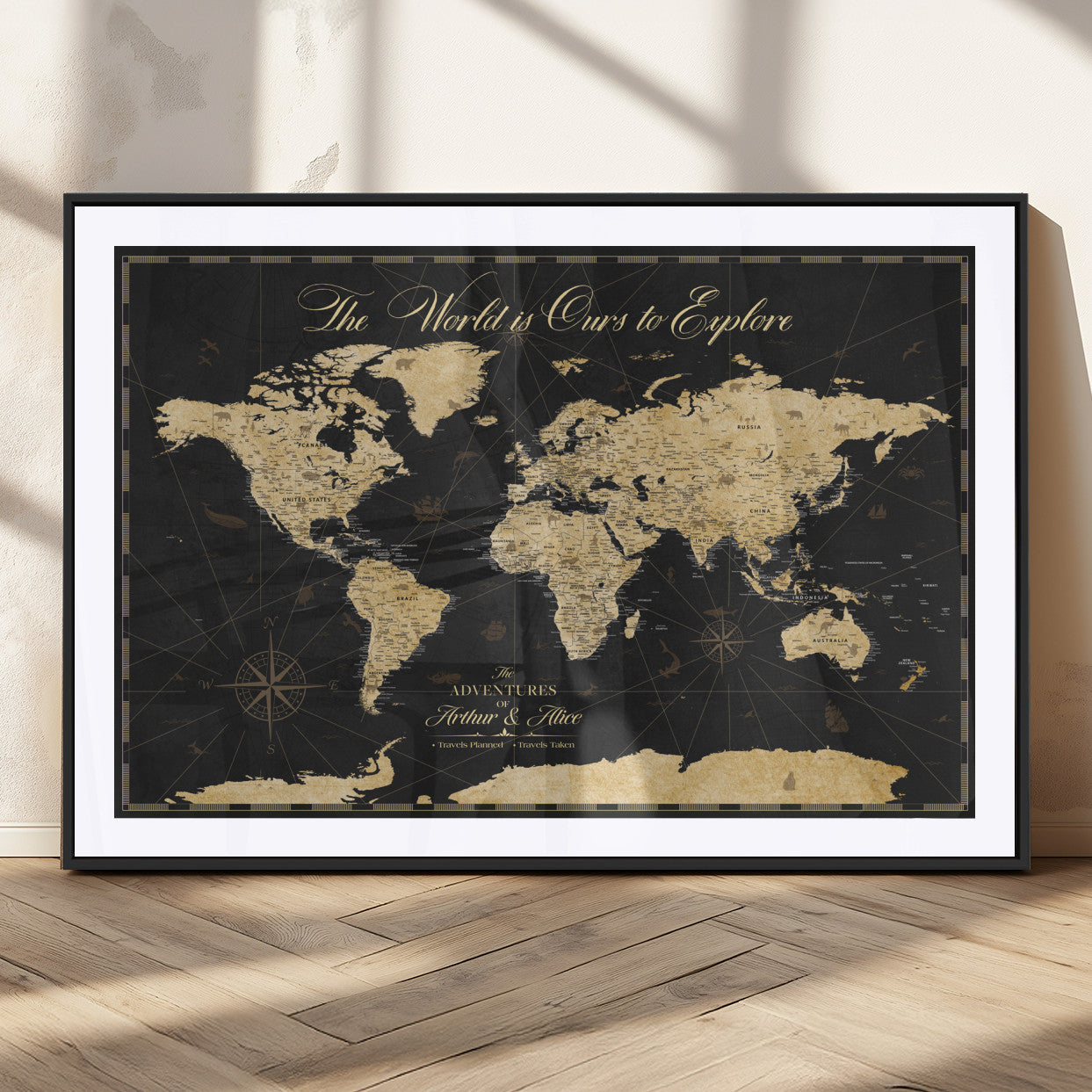 MGC-FP-36x24 - Personalized World Map Wall Art Canvas Print – Custom Push Pin Travel Map for Couples, Families, or Office Décor