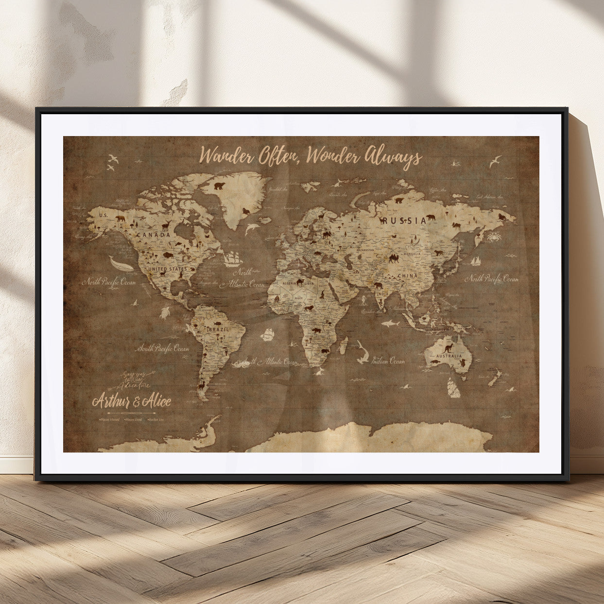 MGC-FP-36x24 - Personalized World Map Wall Art Canvas Print – Custom Push Pin Travel Map for Couples, Families, or Office Décor