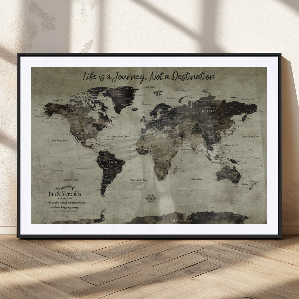 MGC-FP-36x24 - Personalized World Map Wall Art Canvas Print – Custom Push Pin Travel Map for Couples, Families, or Office Décor