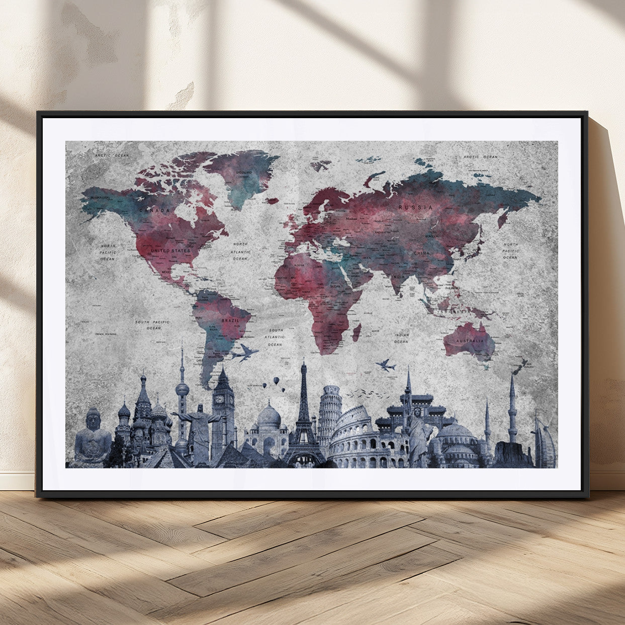 MGC-FP-36x24 - Push Pin World Map Canvas Print – Framed Wall Art for Couples to Track Their Travels – Anniversary