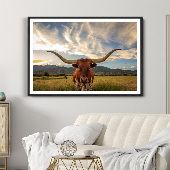 Texas Longhorn Canvas Wall Art – Majestic Triptych Animal Print – Rustic Western Decor for Living Room or Office – Ready to Hang