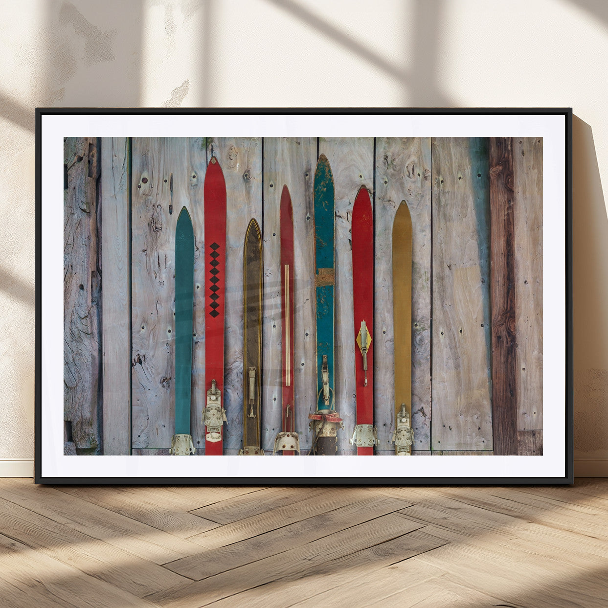 MGC-FP-36x24 - Vintage Wooden Weathered Ski's in Front of an Old Barn Wall Art Canvas Print for Farmhouse, Cabin