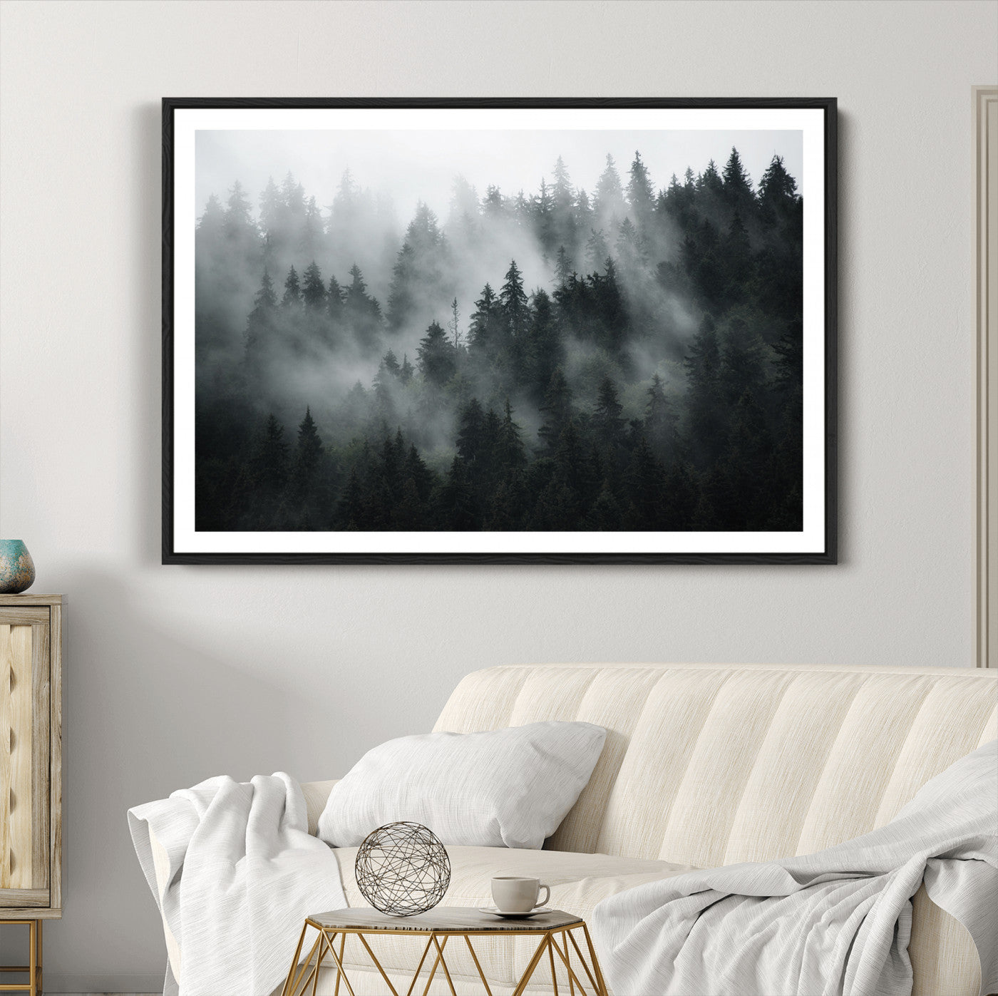 52359-MGC-FP-36x24_Black-Foggy Forest Wall Art Canvas Print | 3 Panel Large Misty Landscape for Dining Room, Office, or Living Room | Ready to Hang Nature Deco