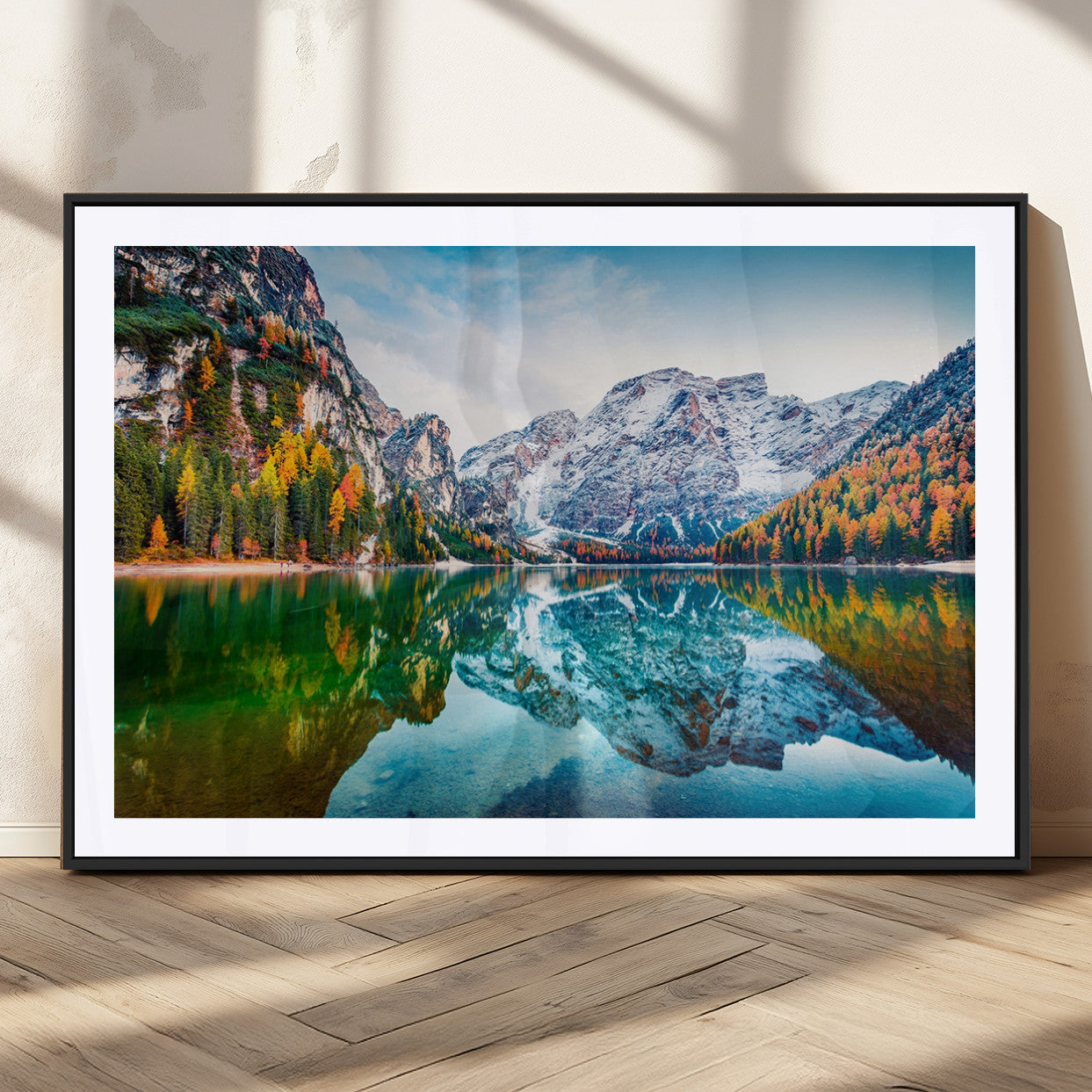 11645-MGC-FP-36x24_Black-Spectacular autumn view of Braies Lake Wall Art Canvas Print