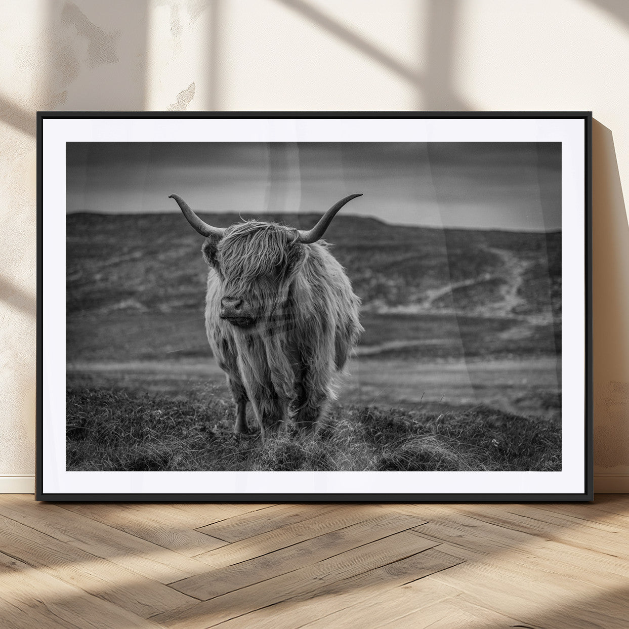MGC-FP-36x24 - Fluffy Cattle Wall Art Print, Highland Cow Canvas, Framed Black and white Wall Art