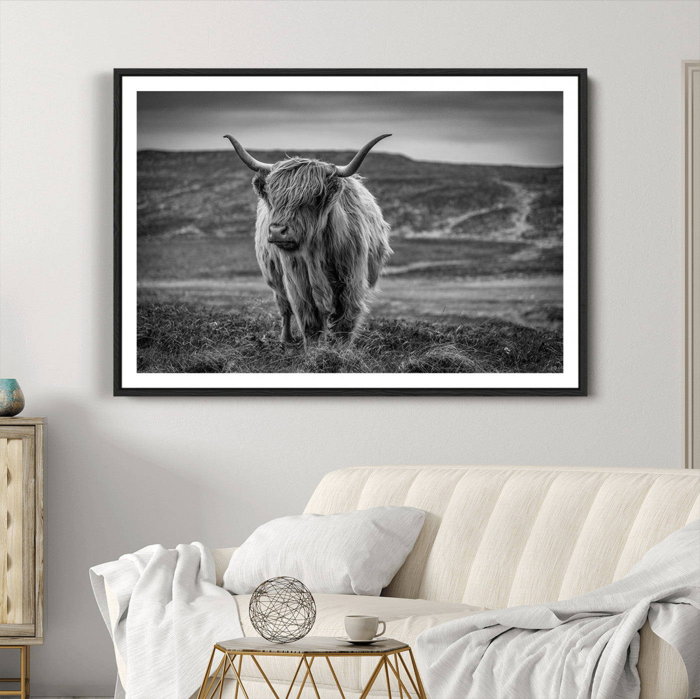 42995-MGC-FP-36x24_Black-Fluffy Cattle Wall Art Print, Highland Cow Canvas, Framed Black and white Wall Art