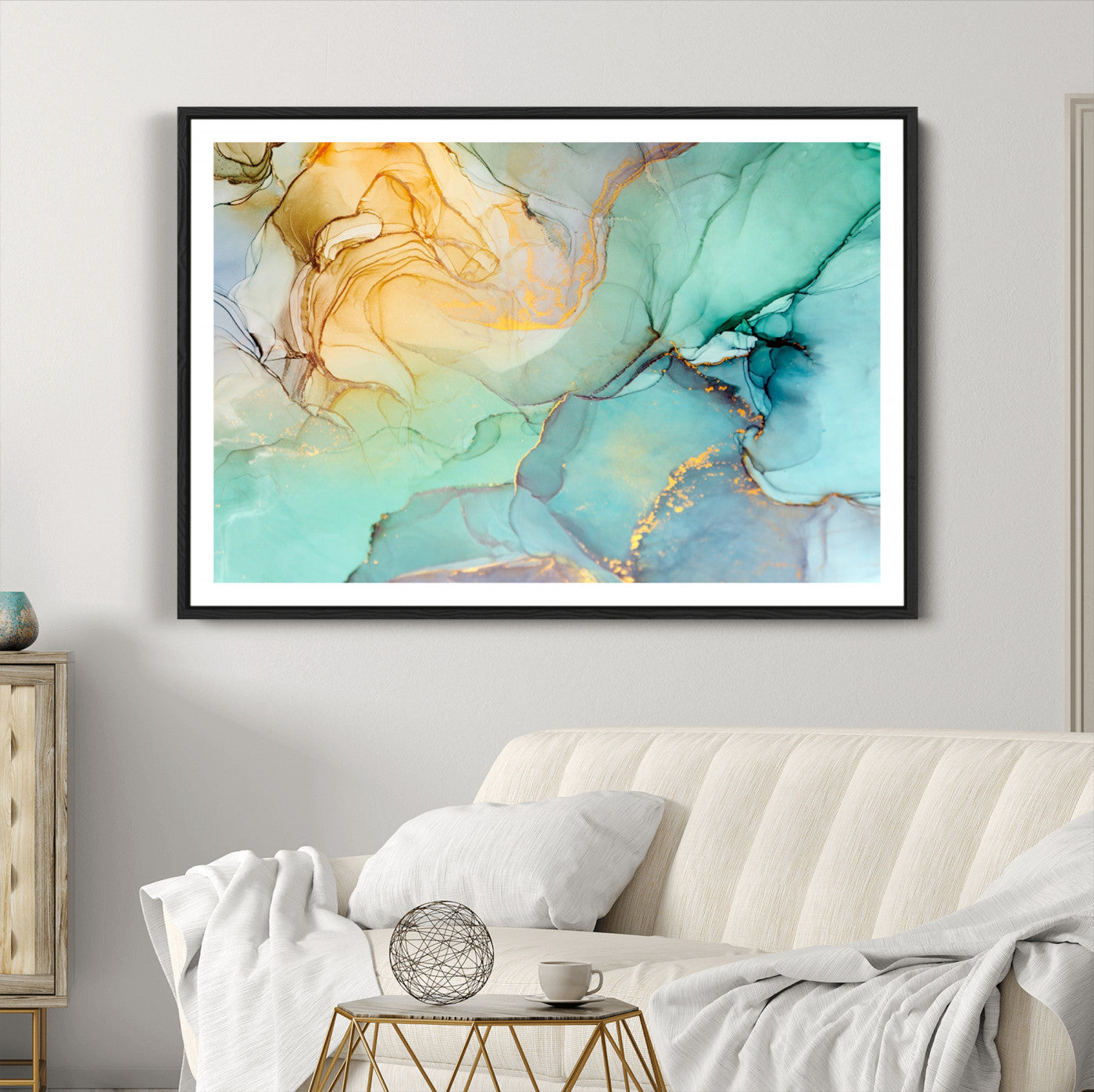 84233-MGC-FP-36x24_Black-Abstract Aqua and Gold Fluid Wall Art Canvas | 3 Panel Large Canvas Print for Living Room, Office, or Modern Space | Elegant Contemporary