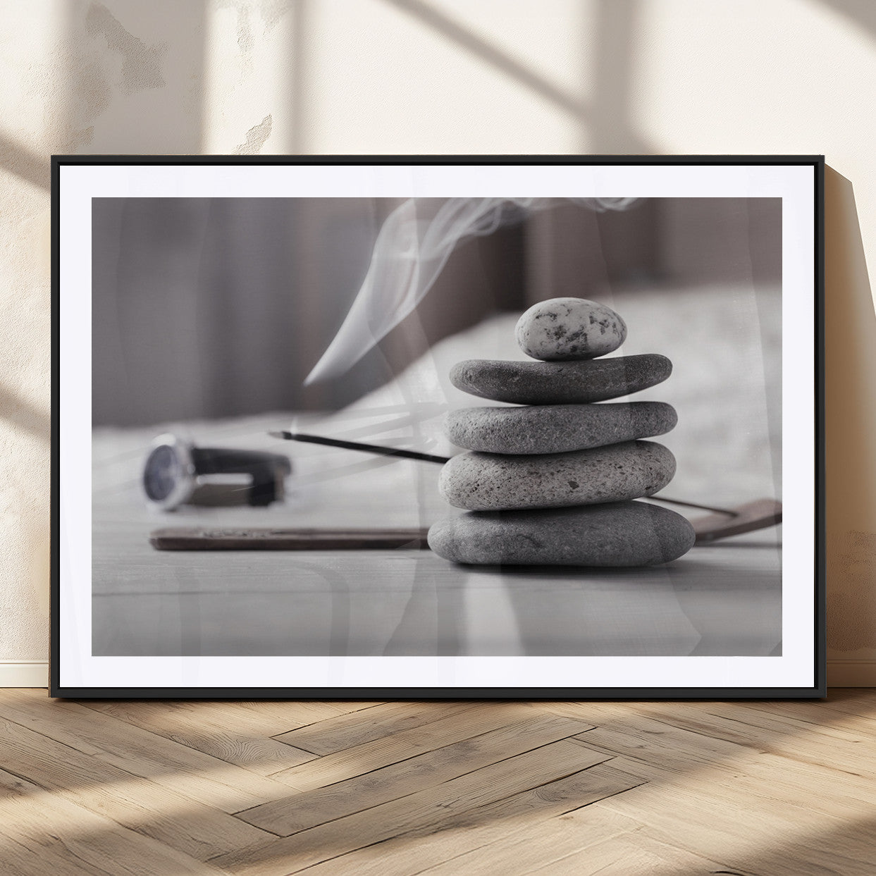 MGC-FP-36x24 - Burning Incense and Zen Stones Buddhism Wall Art, Zen Stones Wall Art Canvas Print