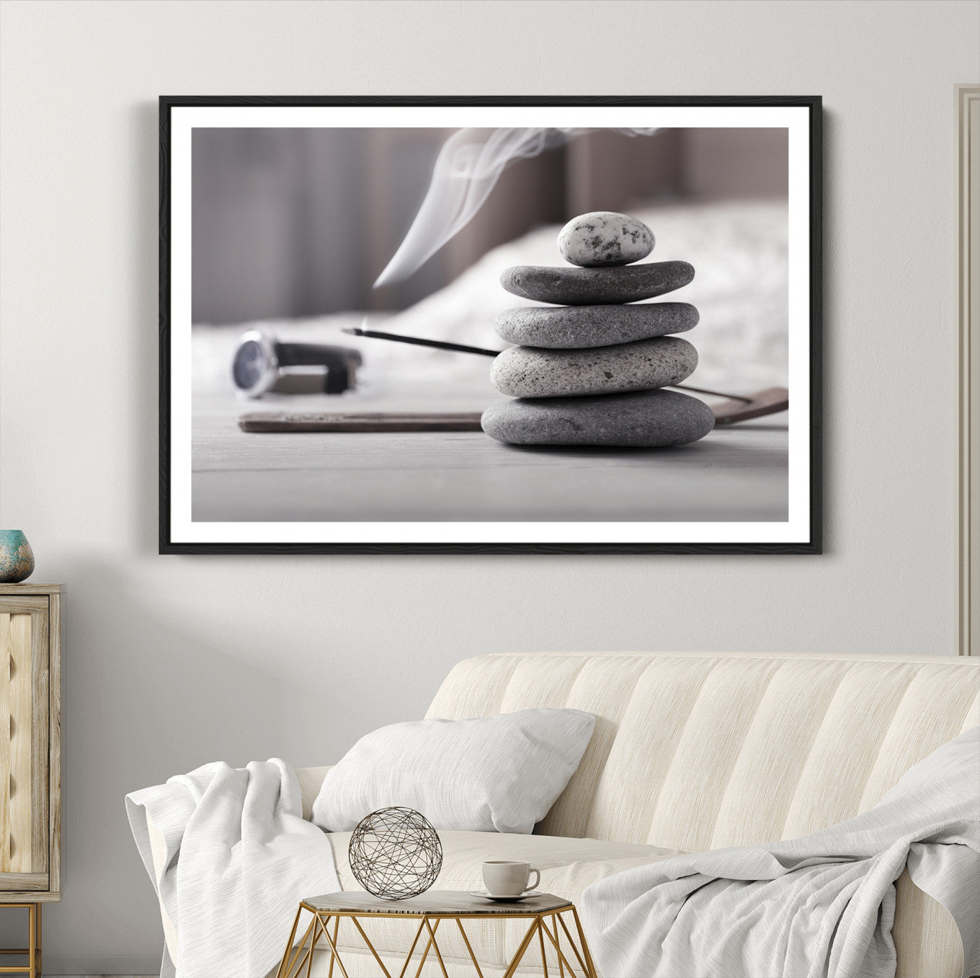 50072-MGC-FP-36x24_Black-Burning Incense and Zen Stones Buddhism Wall Art, Zen Stones Wall Art Canvas Print