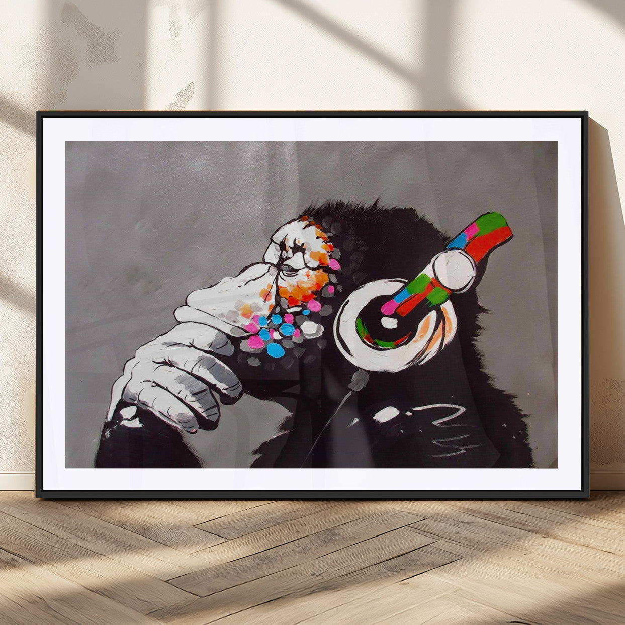 MGC-FP-36x24 - Dj Monkey Listening to Music Wall Art Print | Banksy Monkey Large Canvas Print for Living Room,