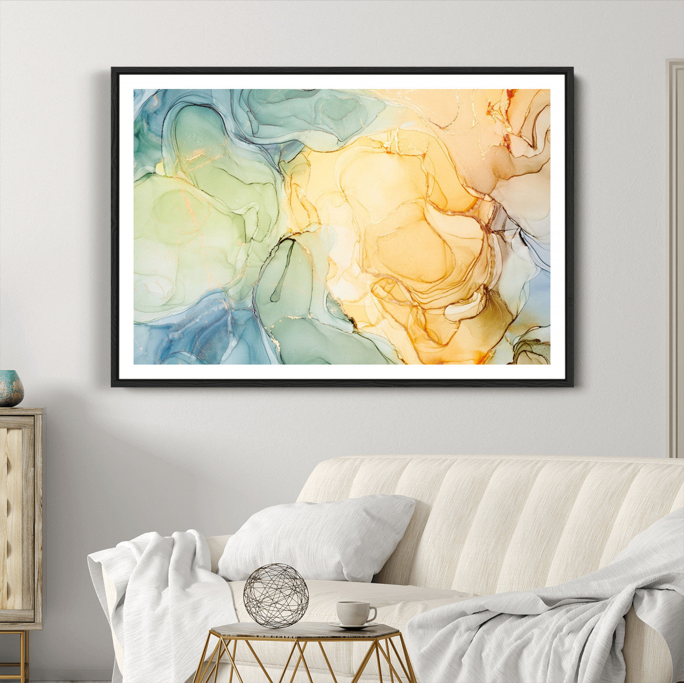 42195-MGC-FP-36x24_Black-Green and Yellow Marble Fluid Effect Wall Art, Green and Yellow Marble Canvas Wall Art Print