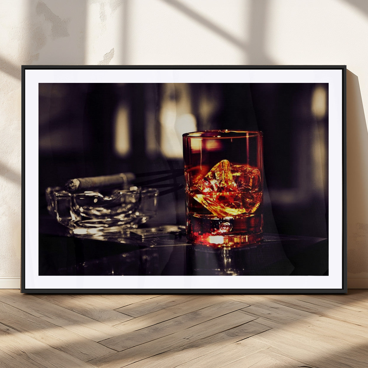 MGC-FP-36x24 - Whiskey and Cigar Canvas – Luxurious Wall Art for Home or Bar – Glass and Cigar Scene Print Canvas