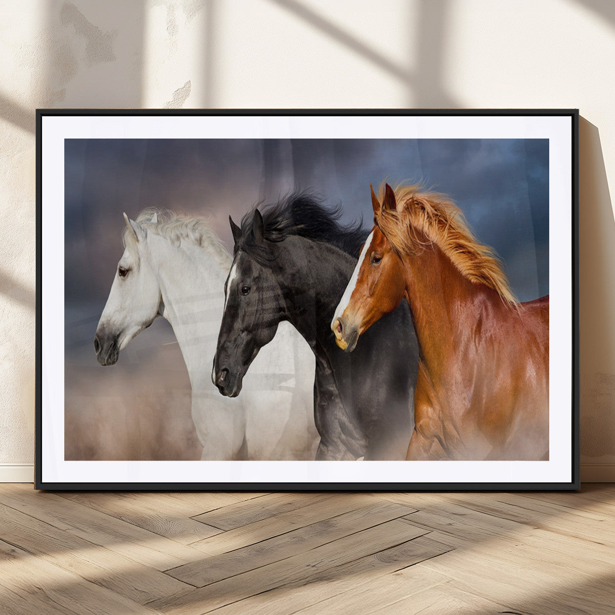 MGC-FP-36x24 - Animal Wall Art Three Horses Farmhouse Art Canvas, Framed Three Horses Canvas Print