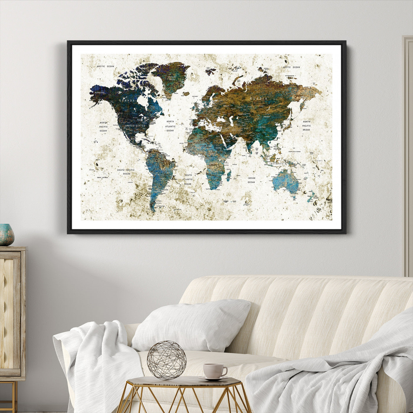 78067-MGC-FP-36x24_Black-Vintage World Map Wall Art Canvas Print, Framed Rustic Earth Map Art Picture Print, Antique Map Perfect Rustic Vintage Decor Artwork