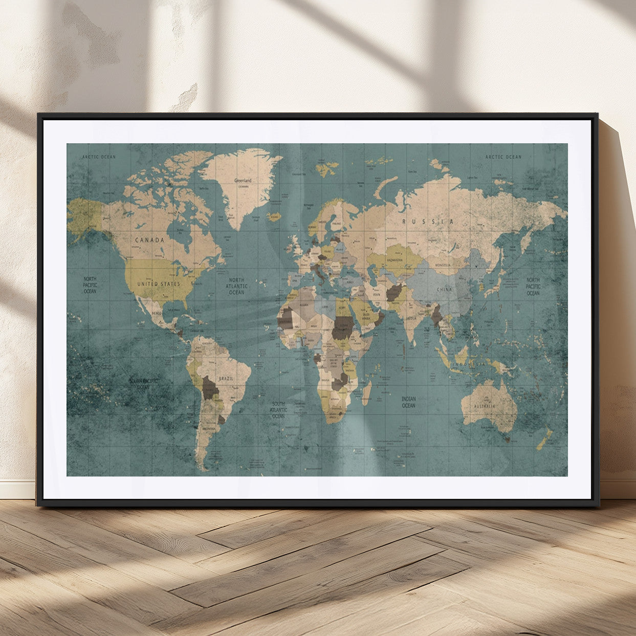 MGC-FP-36x24 - Classic World Map Wall Art Canvas Print, Framed Retro Map Art Picture Print, Vintage Atlas Perfect Rustic Explorer Decor Artwork