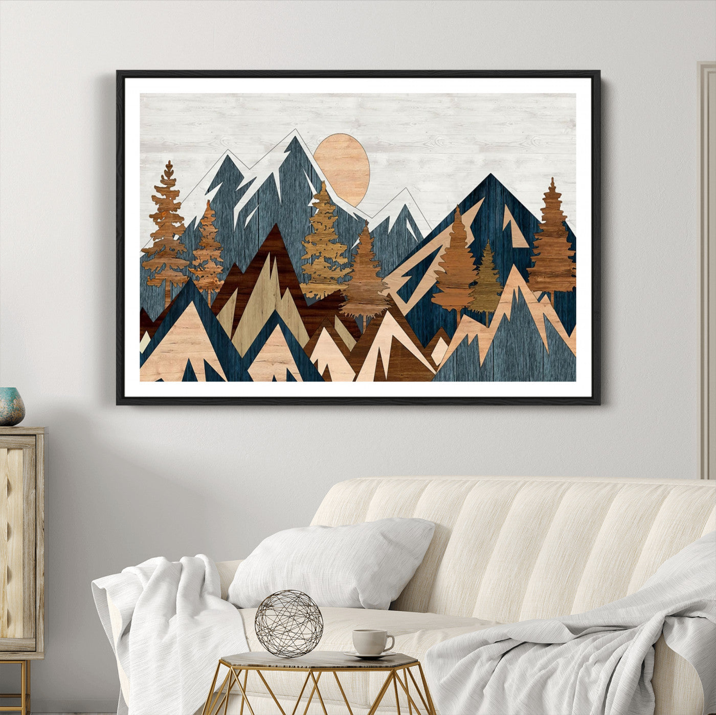 91467-MGC-FP-36x24_Black-Abstract Wood Panel Effect Mountain Range Top Wall Art Canvas Print