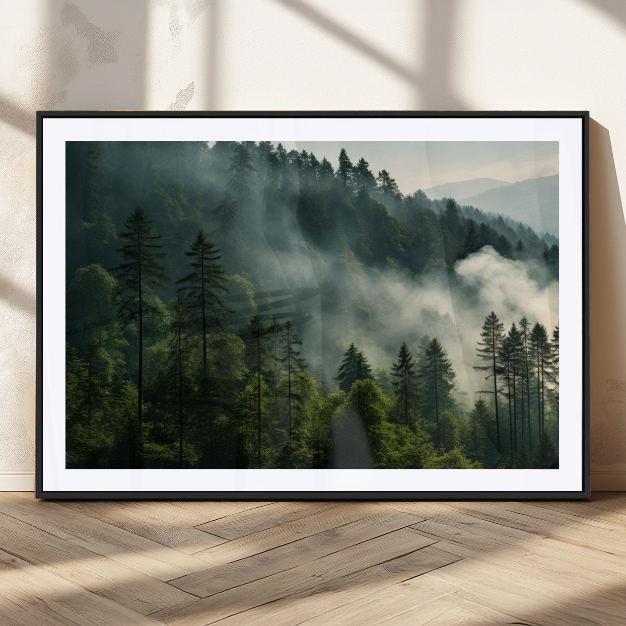MGC-FP-36x24 - Misty Forest Wall Art Premium Canvas Print a Foggy and Serene Atmosphere