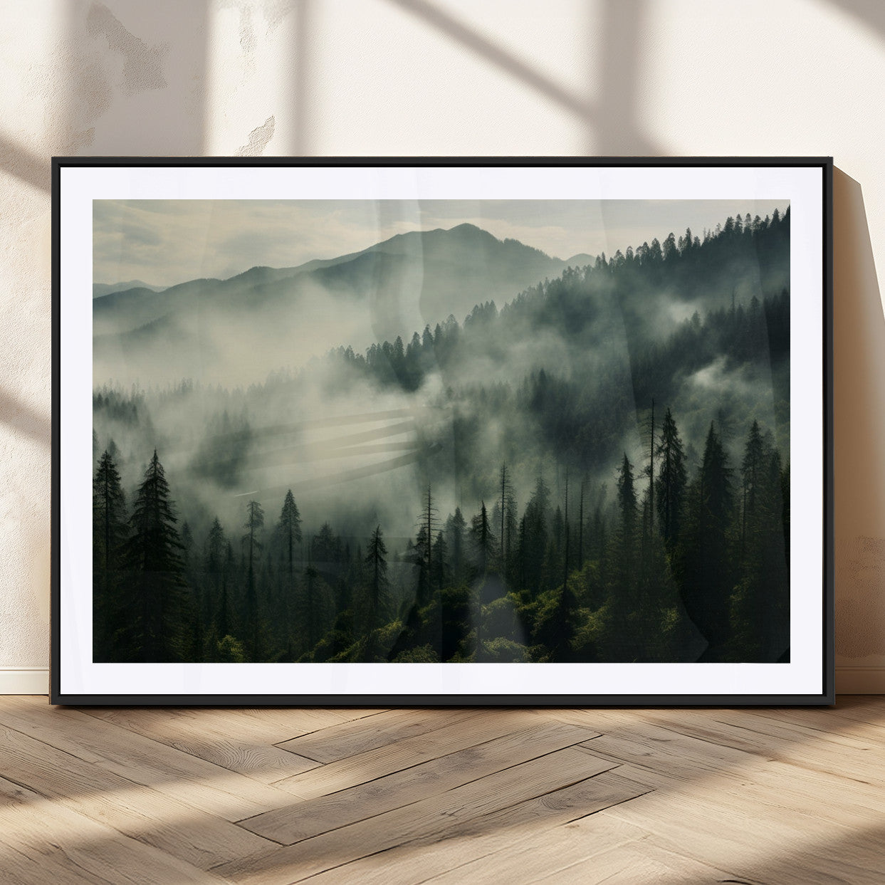MGC-FP-36x24 - Captivating Misty Forest Wall Art Premium Canvas Print a Foggy and Serene Atmosphere