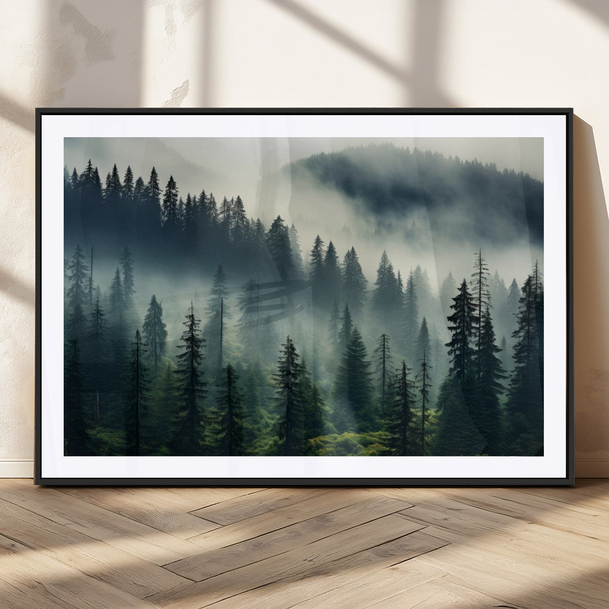 MGC-FP-36x24 - Captivating Misty Forest Wall Art Premium Canvas Print a Foggy and Serene Atmosphere