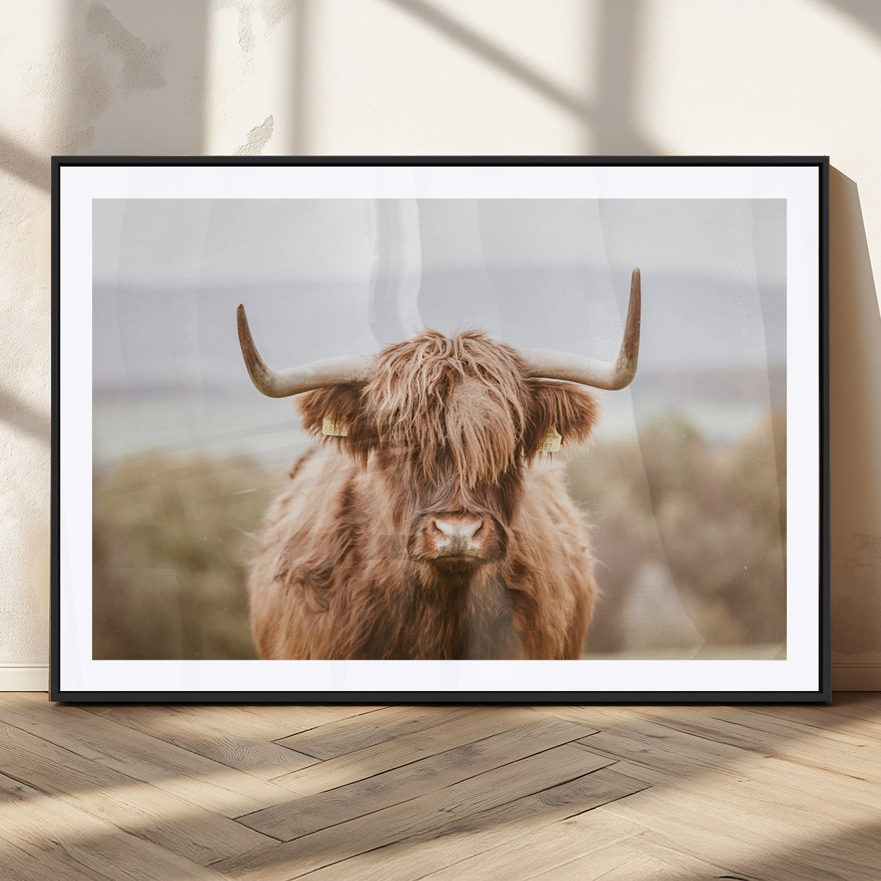 MGC-FP-36x24 - Scottish Serene Highland Cow Canvas Wall Art – Serene Highland Cow in Natural Pastel Tones – Ready