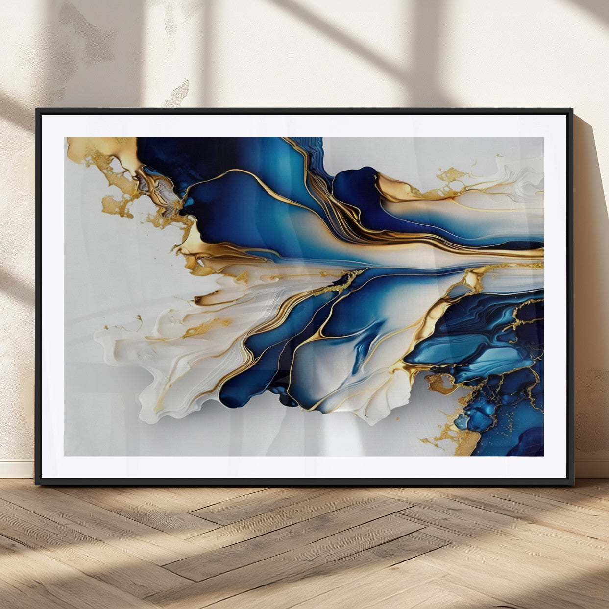 MGC-FP-36x24 - Gold Marble Art - Abstract Geode Gold And Blue Marble Shape 3 Pieces Wall Art Canvas Print