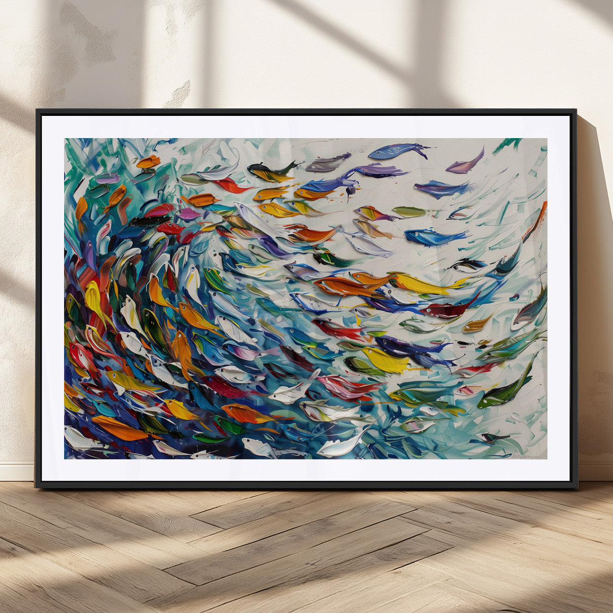 MGC-FP-36x24 - Modern Abstract Fish Shoal Wall Art Canvas Print, Colorful Fish Herd Painting on Canvas Print, Ocean