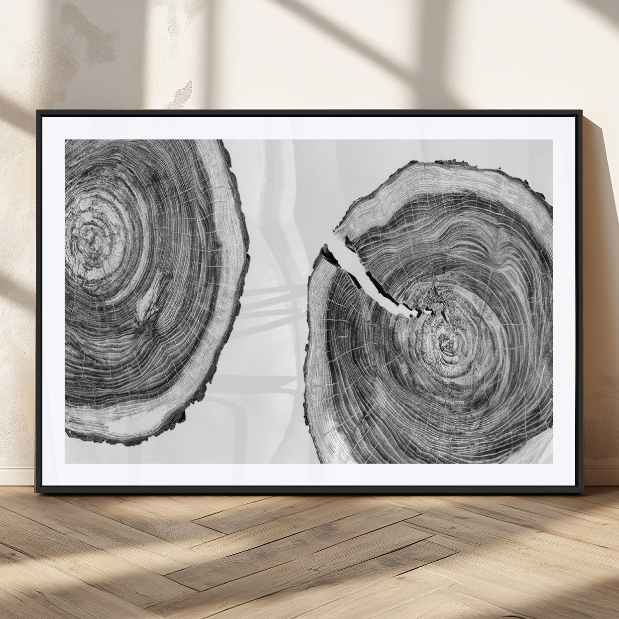 MGC-FP-36x24 - Modern Black and White Tree Rings Canvas Wall Art – Nature Inspired Wood Slice Print – Minimalist
