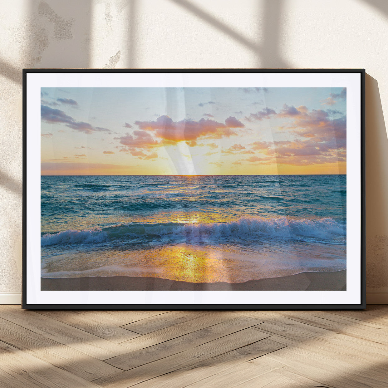 MGC-FP-36x24 - Golden Sunset Over Ocean Waves - Serene Coastal Triptych Wall Art for Relaxing Home Decor, Ready to