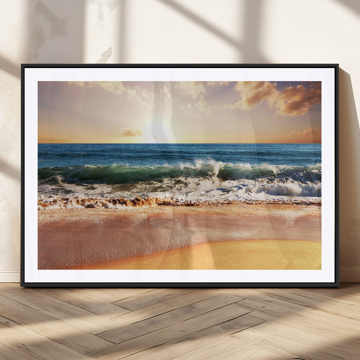 MGC-FP-36x24 - Sunset Beach Wall Art - 3-Panel Framed Canvas Print, Ready to Hang Ocean Sunset for Coastal and