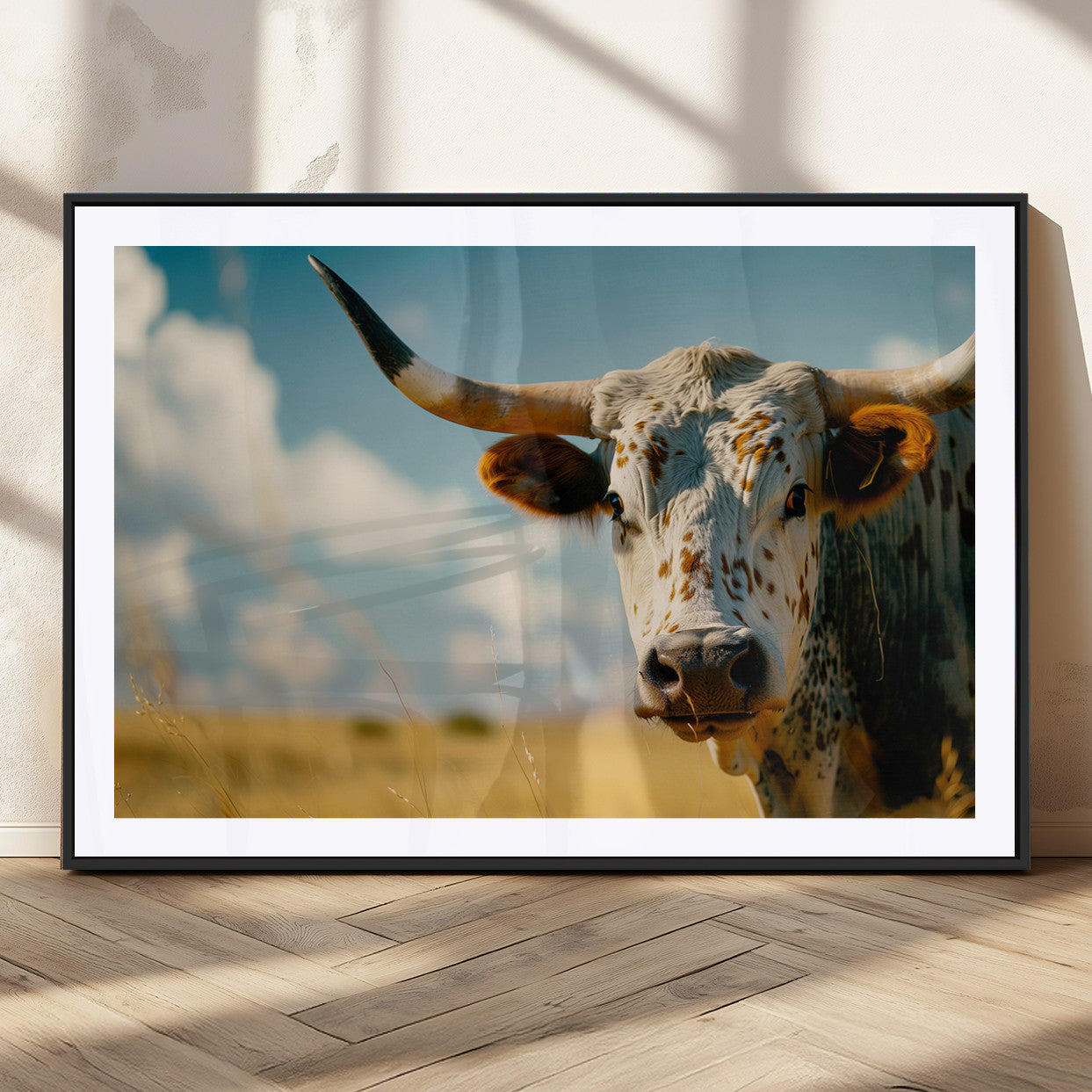 MGC-FP-36x24 - Longhorn in the Prairie - Stunning Ranch-Style Triptych Wall Art for Western Home Decor, Cowboy Wall