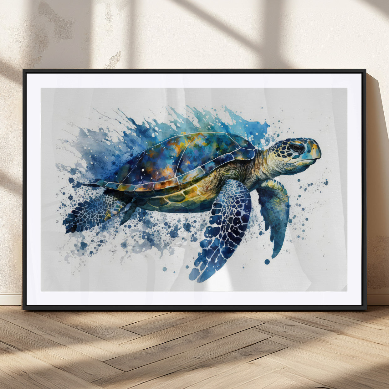 MGC-FP-36x24 - Turtle Wall Art Canvas Print, Framed Watercolor Turtle Art Picture Print, Ocean Life Perfect Nautical Decor Artwork