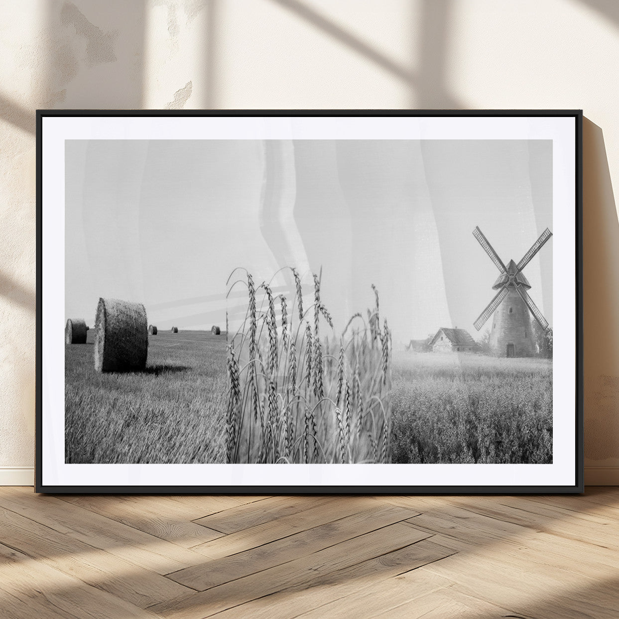 MGC-FP-36x24 - Vintage Farmhouse Black and White Triptych Wall Art – Giclee Canvas Featuring Wheat Fields, Hay