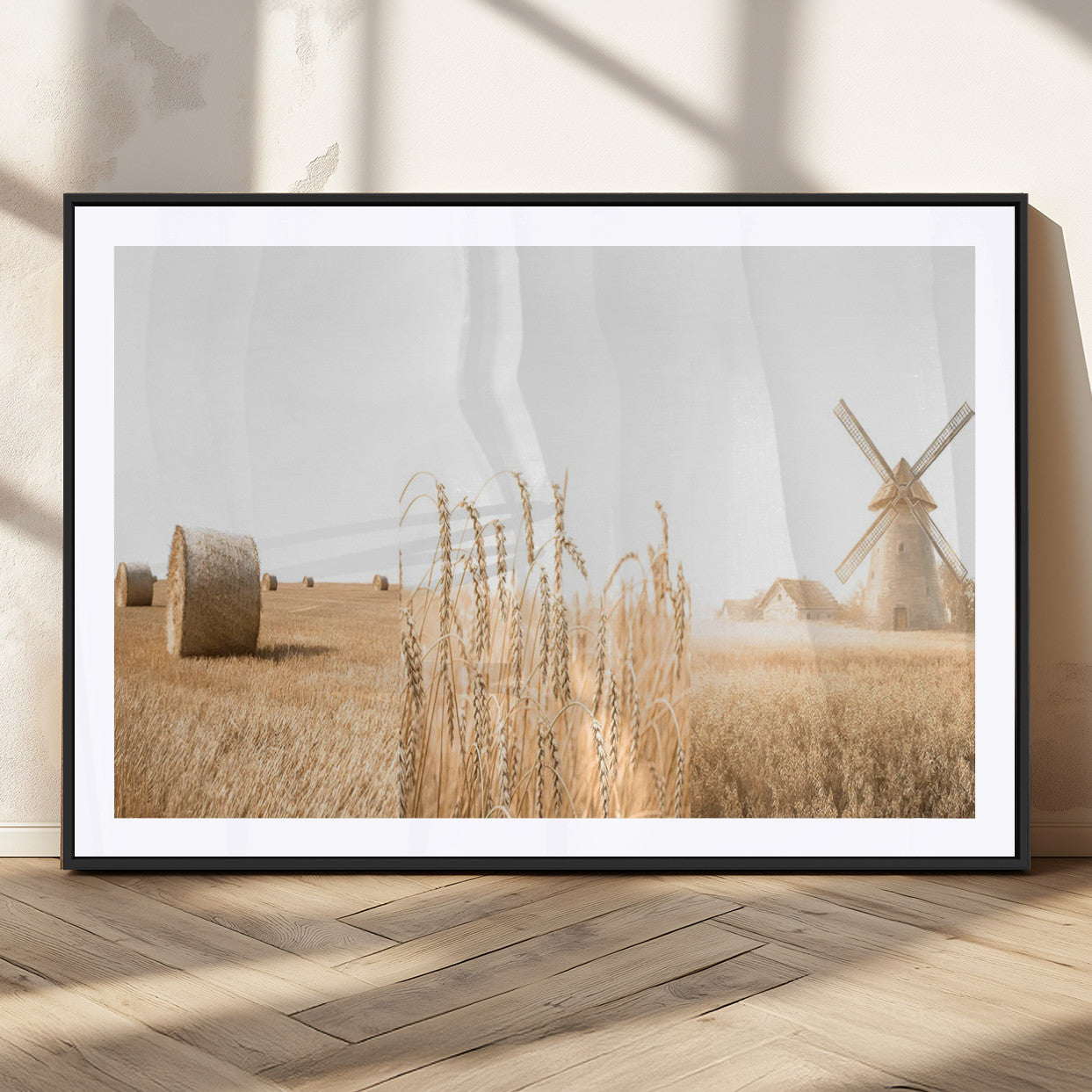 MGC-FP-36x24 - Vintage Farmhouse Triptych Wall Art – Giclée Canvas Featuring Wheat Fields, Hay Bales, and a