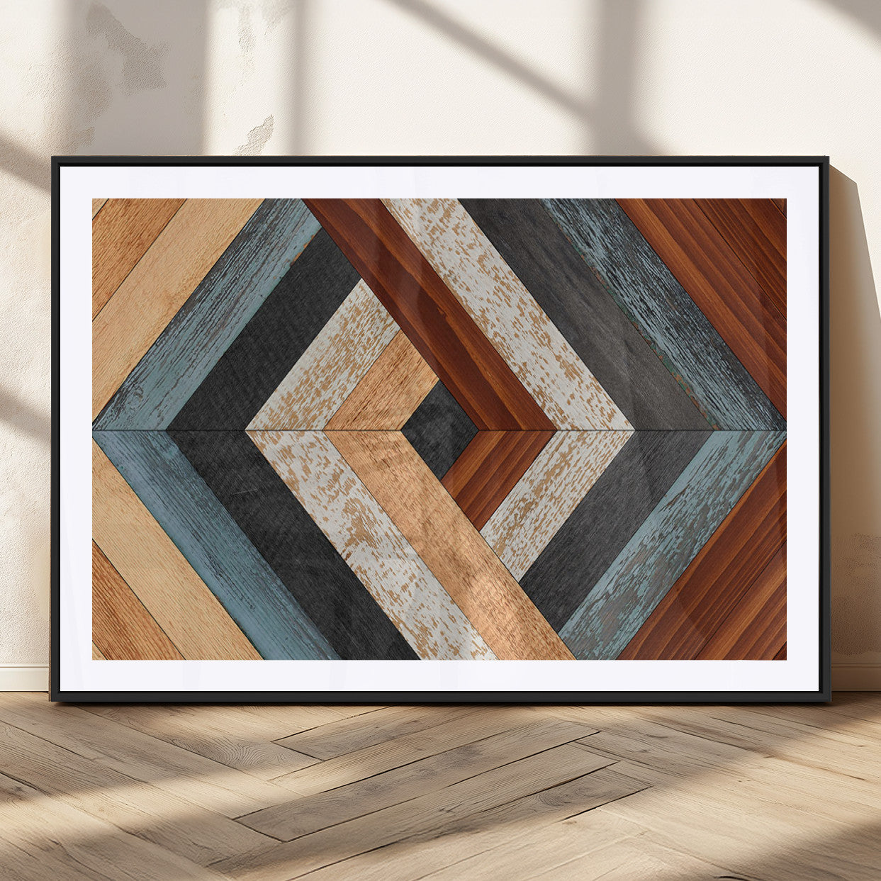 MGC-FP-36x24 - Geometric Wood Art Wall Decor Canvas Print, Rustic Wooden Pattern Triptych Wall Art for Living Room