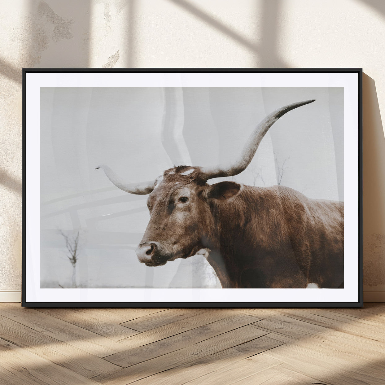 MGC-FP-36x24 - Rustic Bull Wall Art Canvas Print – Modern Longhorn Farmhouse Animal Decor – Abstract Farm Cow