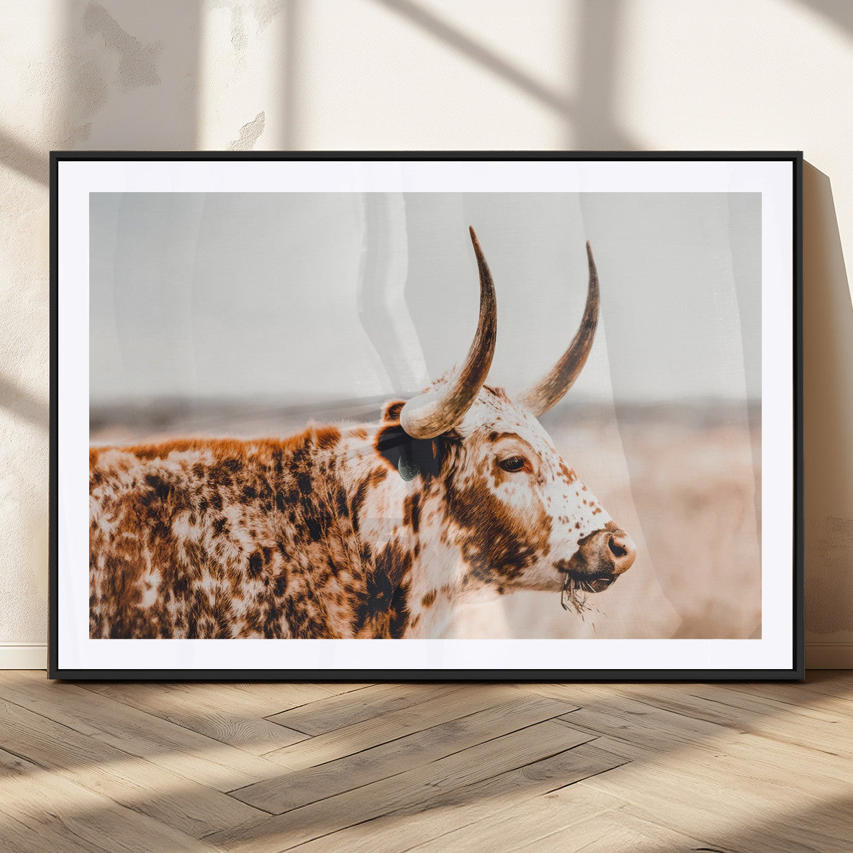 50356-MGC-FP-36x24_Black-Speckled Bull Wall Art Canvas Print – Rustic Cow Longhorn Farmhouse Animal Decor – Western Longhorn