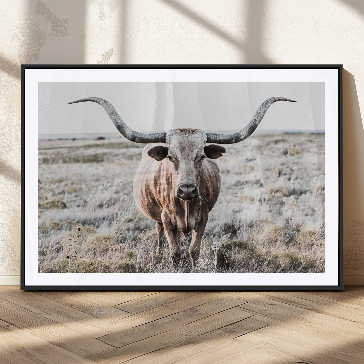 26121-MGC-FP-36x24_Black-Rustic Texas Longhorn Wall Art Canvas Print | Western Farmhouse Decor for Living Room or Office,