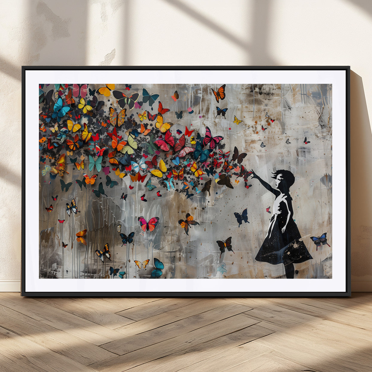 MGC-FP-36x24 - Banksy Wall Art - Banksy Girl and Butterfly Explosion Wall Art Canvas Print | Girl with Butterflies