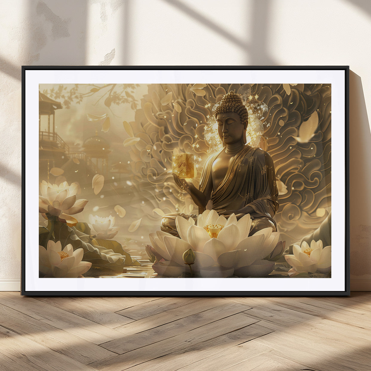 MGC-FP-36x24 - Golden Buddha Wall Art | Yoga Room Decor and Meditation Room Wall Art | Framed and Ready to Hang