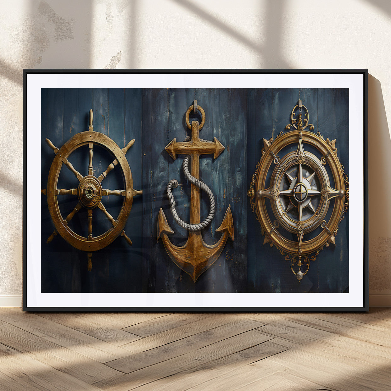 MGC-FP-36x24 - Boat Anchor Compass With Rope Wall Art Canvas Print | Beach House Wall Art