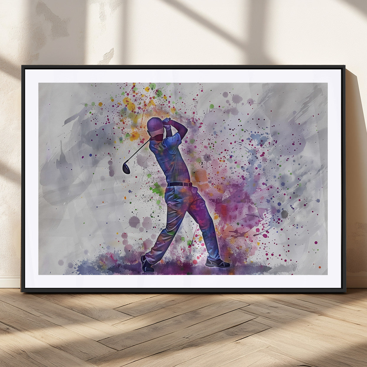 MGC-FP-36x24 - Watercolor Golf Swing Wall Art Canvas Print | Vibrant Abstract Golf Player Silhouette |