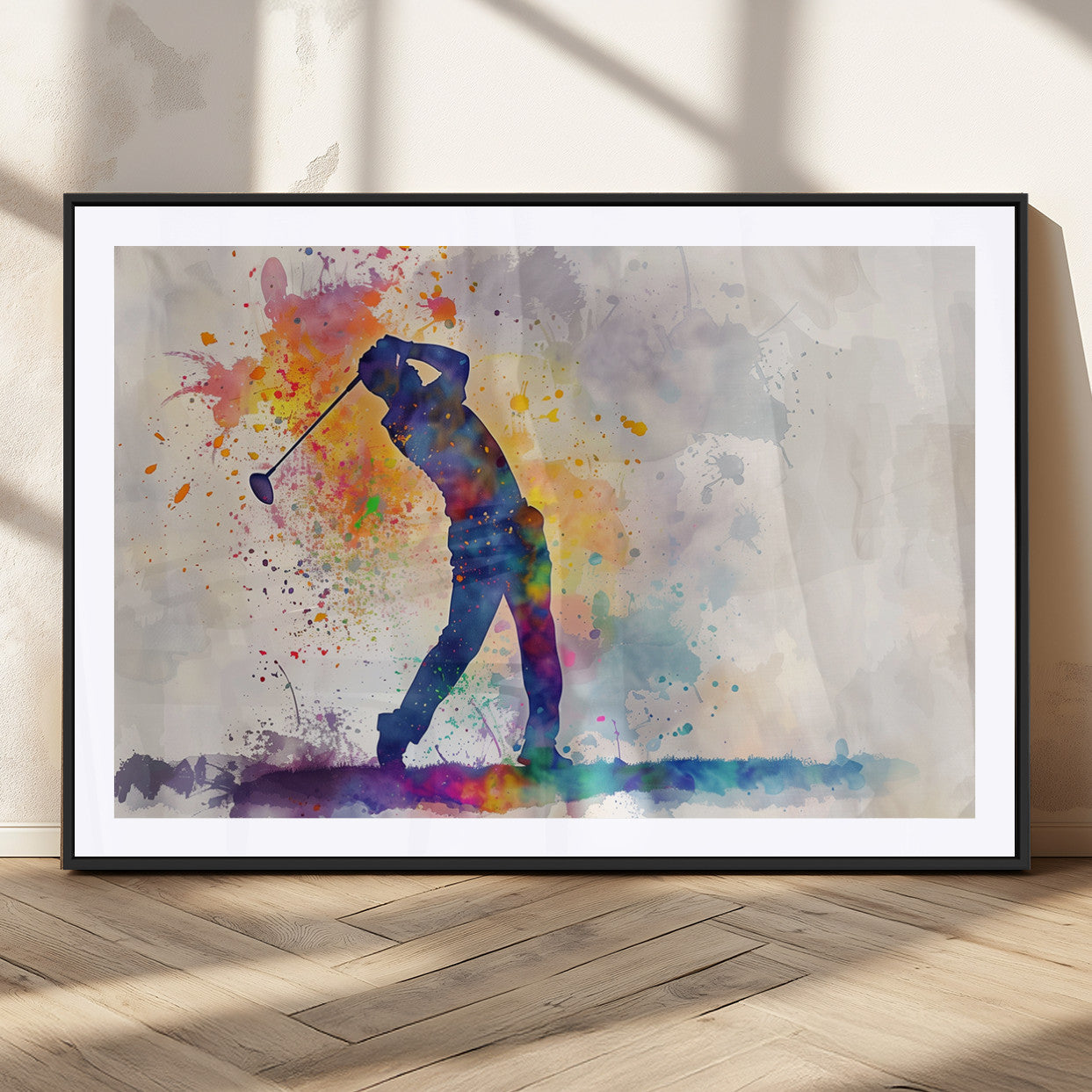 MGC-FP-36x24 - Watercolor Golf Swing Wall Art Canvas Print | Vibrant Abstract Golf Player Silhouette |