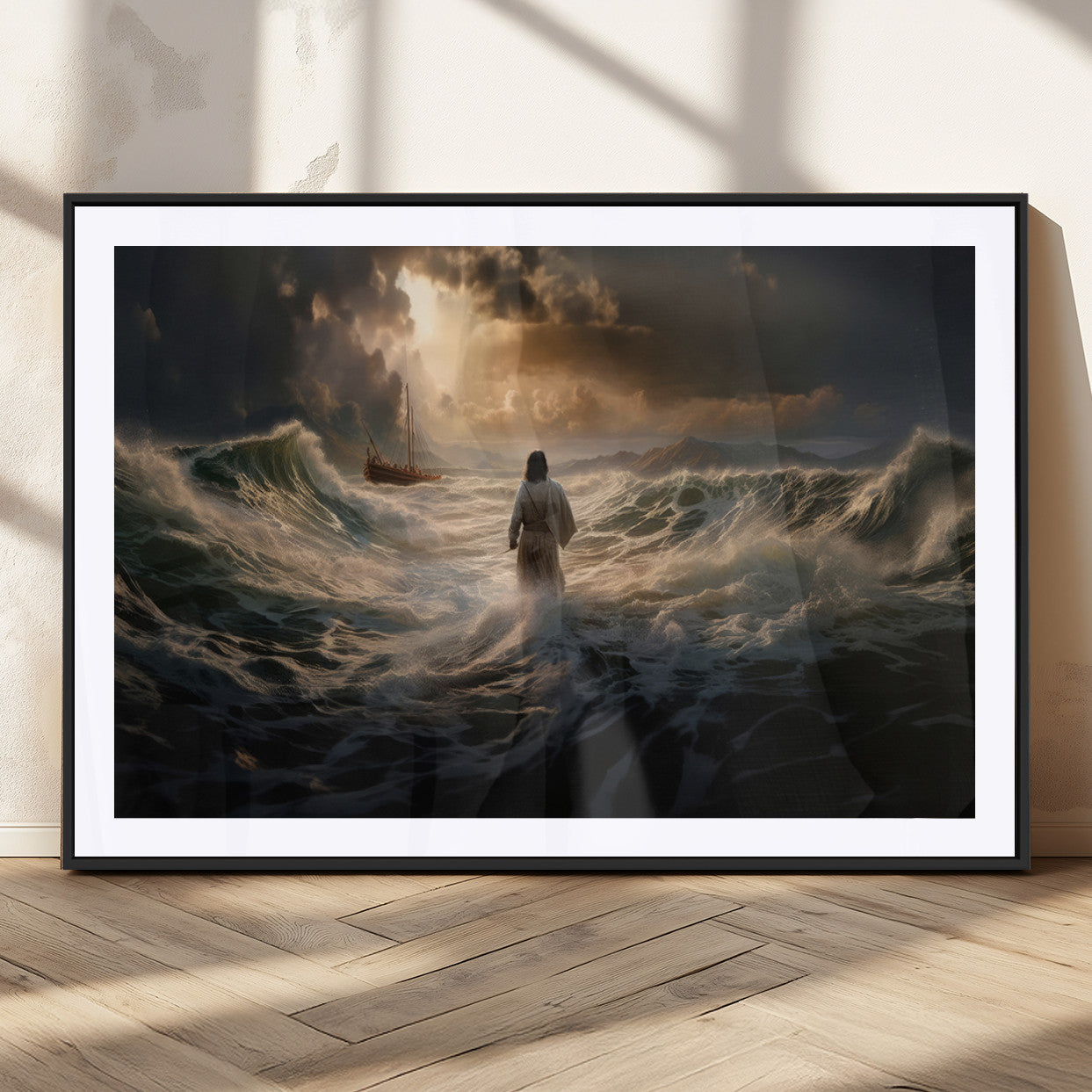 MGC-FP-36x24 - Jesus Walking on Water Wall Art Canvas Print - Religious Spiritual Decor - Jesus Wall Art Canvas