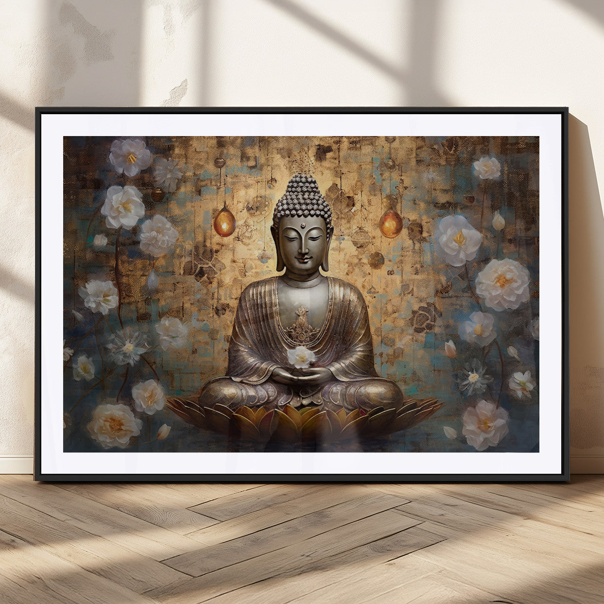 MGC-FP-36x24 - Golden Buddha Wall Art Canvas Print | Zen Meditation Floral Decor | Tranquil Spiritual Home Art |
