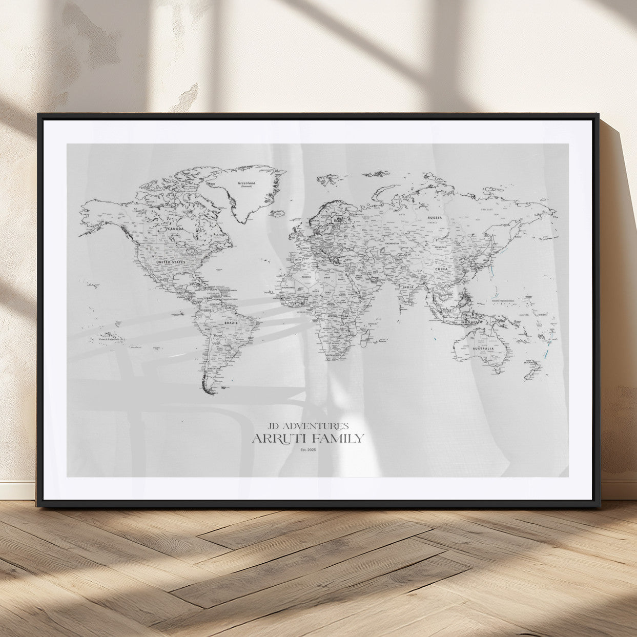 MGC-FP-36x24 - Custom World Map Wall Art – Personalized Framed Canvas Print with Push Pins for Travel Tracking,