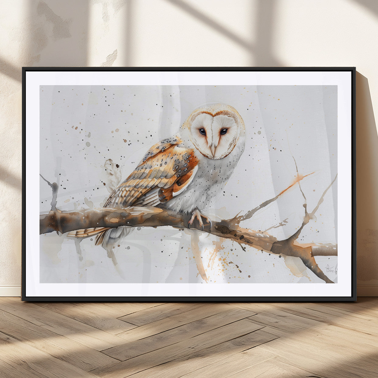 MGC-FP-36x24 - Barn Owl Wall Art on Branch | Stunning Canvas Print for Nature Lovers | Ready to Hang and Framed