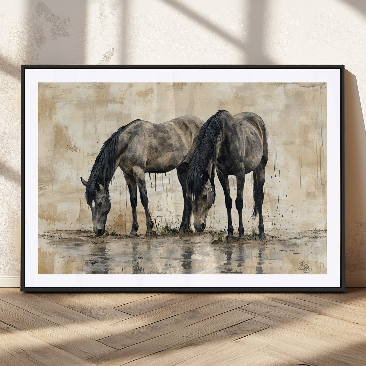 MGC-FP-36x24 - Chinese Style Abstract Black Horses Wall Art Canvas Print - Abstract Horse Wall Art Canvas Print