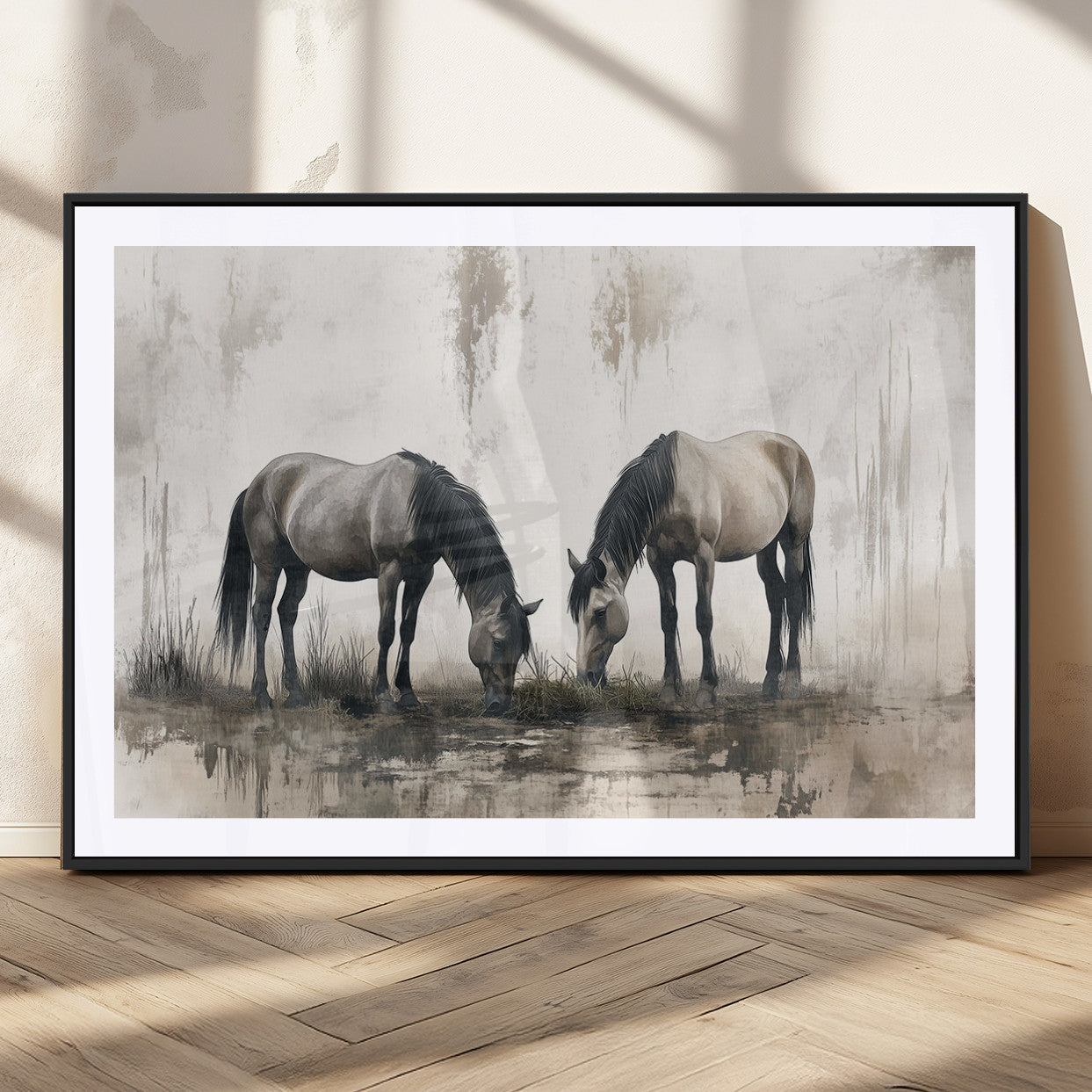 MGC-FP-36x24 - Chines Ink Style Vintage Horses Wall Art Canvas Print for Farmhouse Wall Decor