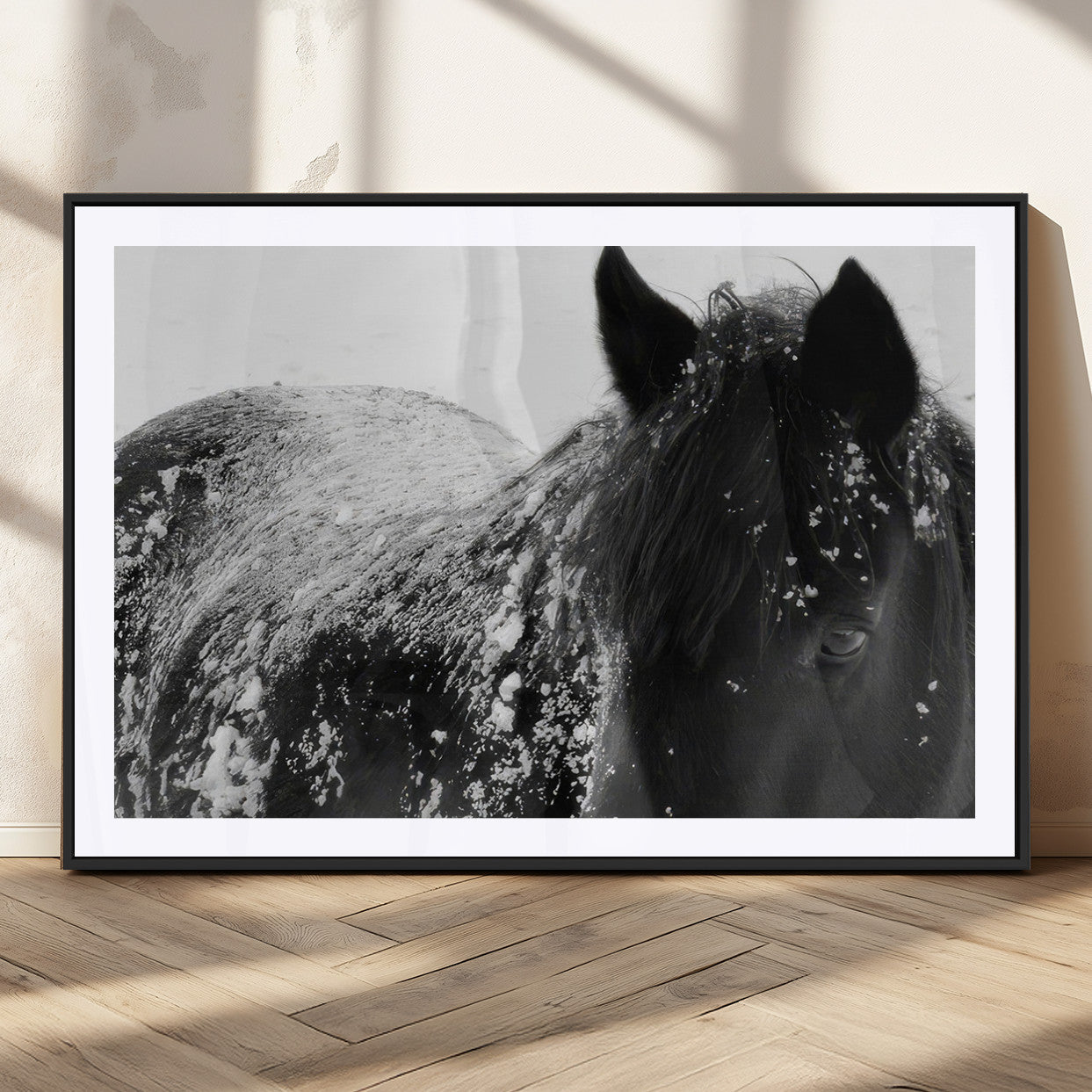 MGC-FP-36x24 - Black Horse in Snow Canvas Print | Winter Horse Wall Art | Ready to Hang and Framed | Farmhouse Wall