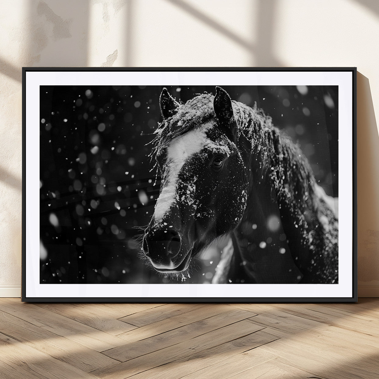 MGC-FP-36x24 - Winter Horse Wall Art | Black and White Horse Print | Ready to Hang and Framed | Farmhouse Wall Art
